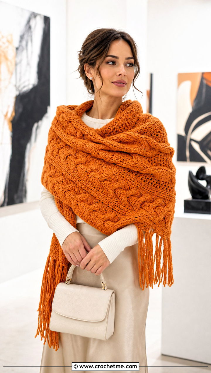 Fringed Cable Stole With Satin Midi Skirt - 15 Crochet Cable Shawl outfit ideas