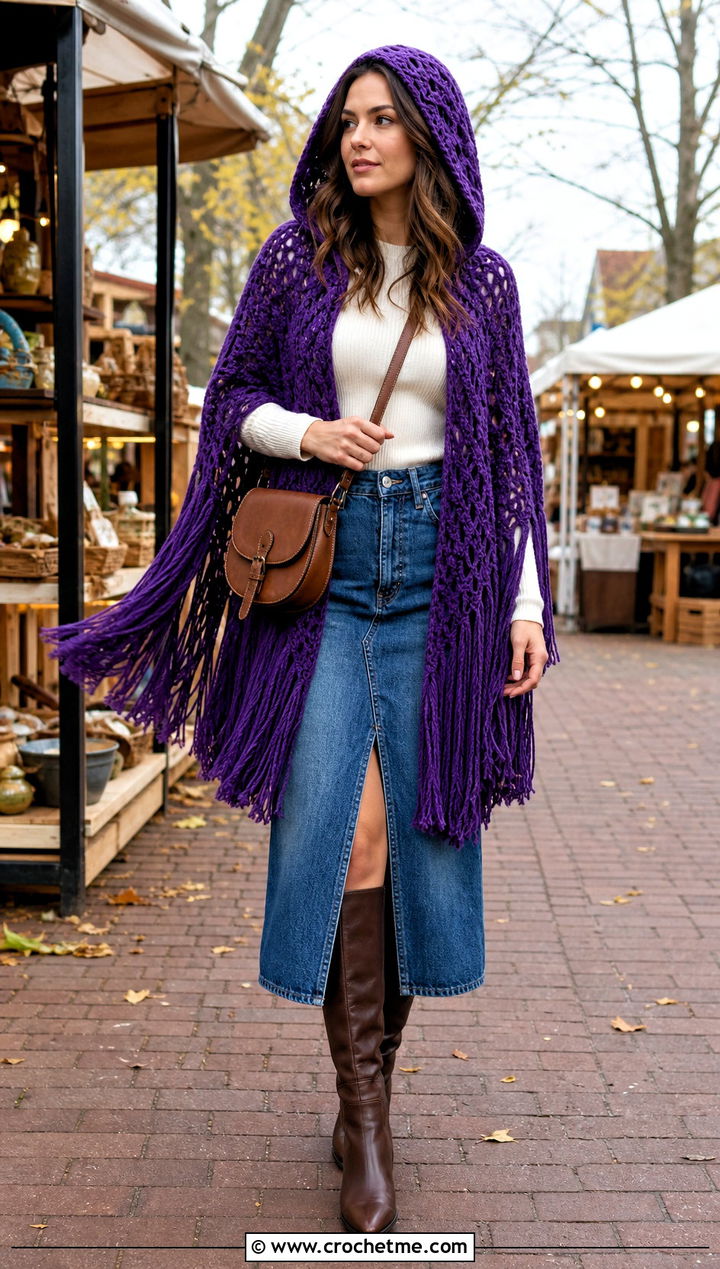 Fringed Cape Crochet Hooded Shawl With Denim Midi Skirt - 35 crochet hooded shawl outfit ideas