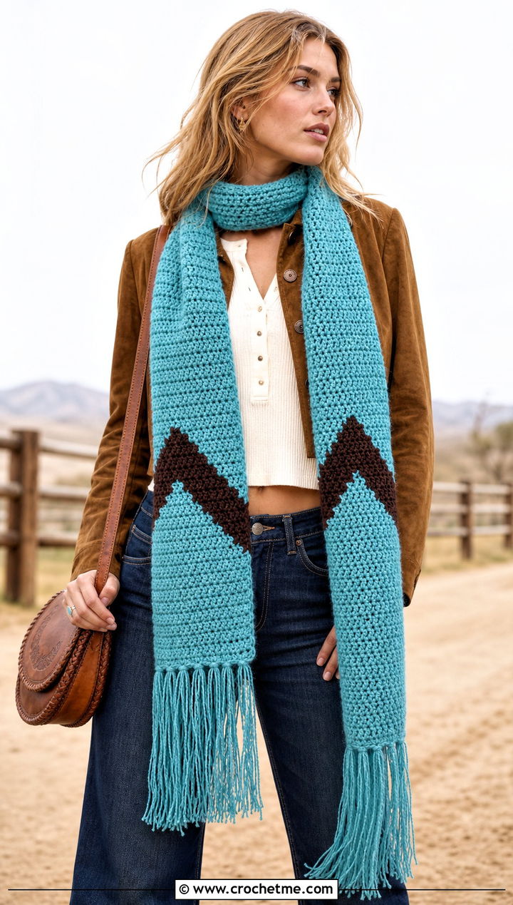 Fringed Charlie Brown Scarf With Western Denim - 15 Crochet Charlie Brown Scarf outfit ideas