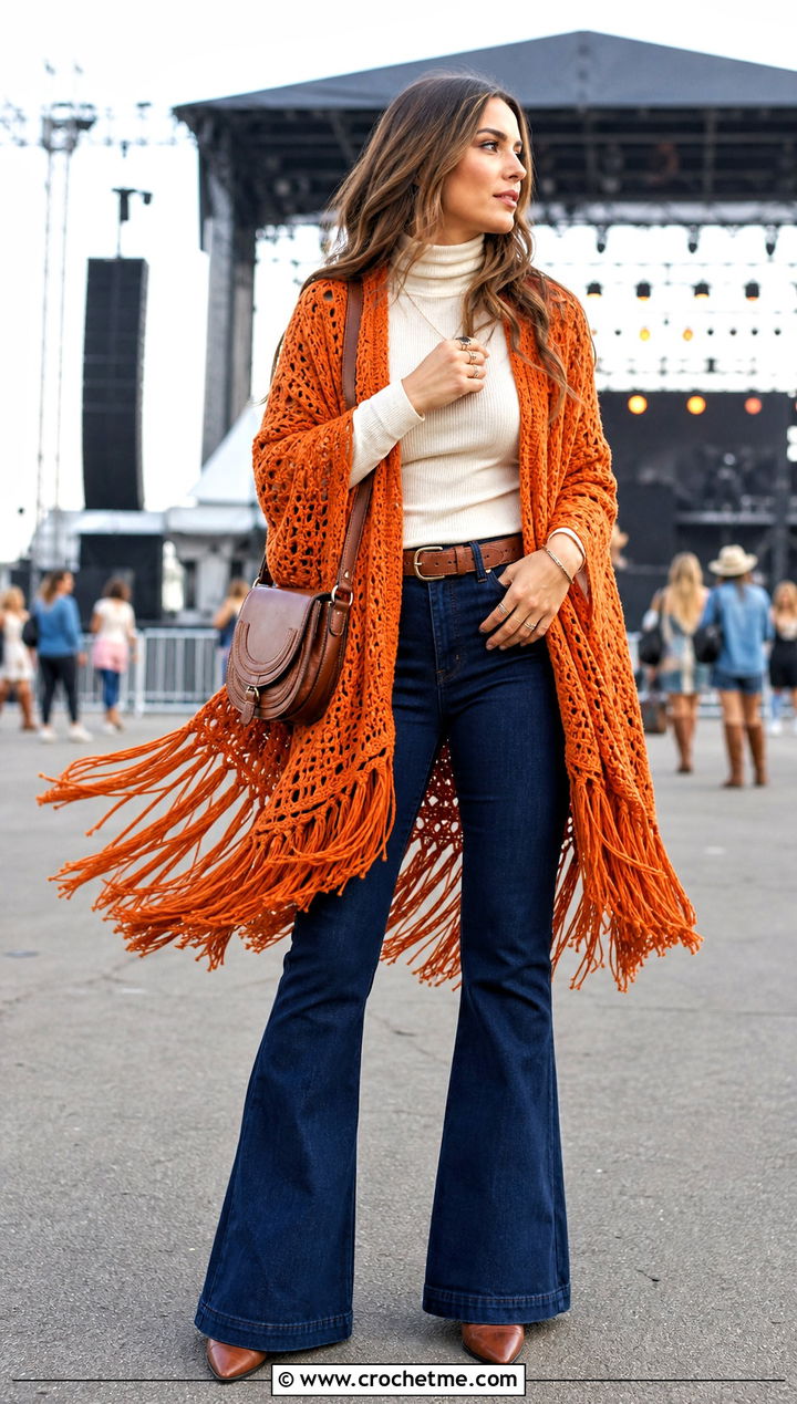 Fringed Chunky Crochet Poncho With Flared Jeans - 25 Chunky Yarn Crochet Poncho outfit ideas