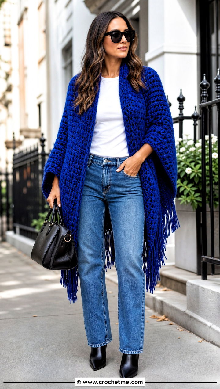 Fringed Chunky Crochet Poncho With Straight Leg Jeans - 25 Chunky Crochet Poncho outfit ideas