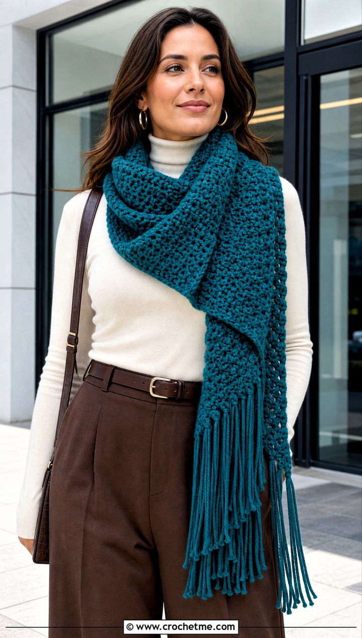 Fringed Chunky Crochet Scarf With Wide Leg Trousers - 15 Crochet Scarves Chunky Yarn outfit ideas