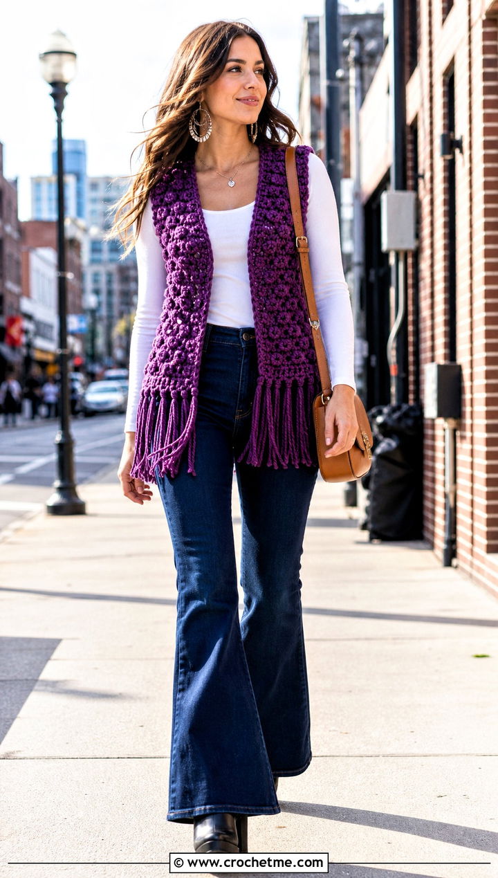 Fringed Chunky Crochet Vest With Flared Jeans - 20 Chunky Yarn Crochet Vest outfit ideas