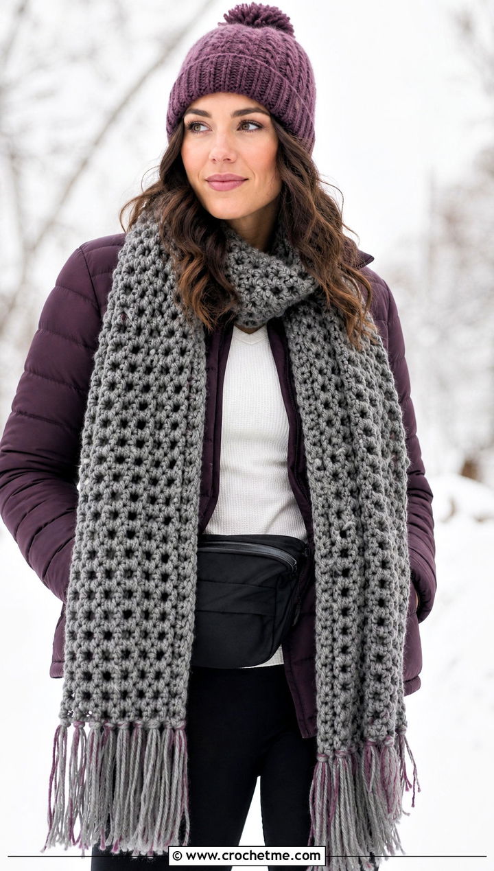 Fringed Chunky Gray Crochet Scarf With Puffer Jacket And Leggings - 15 Chunky Gray Crochet Scarf outfit ideas