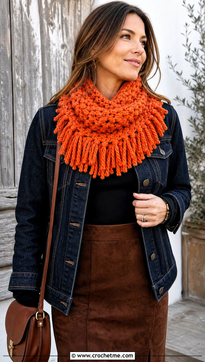 Fringed Chunky Yarn Crochet Cowl With Western Jacket - 25 Chunky Yarn Crochet Cowl outfit ideas