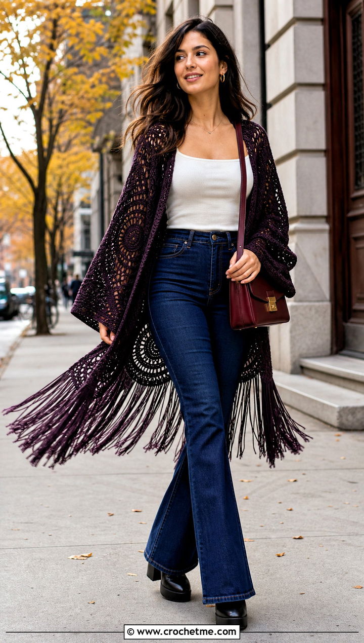 Fringed Circle Crochet Cardigan With Flared Jeans - 25 circle crochet cardigan outfit ideas