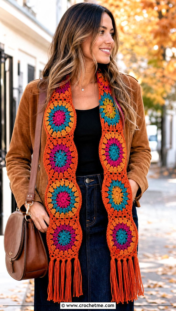 Fringed Circle Motif Crochet Scarf With Suede Jacket And Denim Skirt - 15 crochet scarf with colorful circles outfit ideas