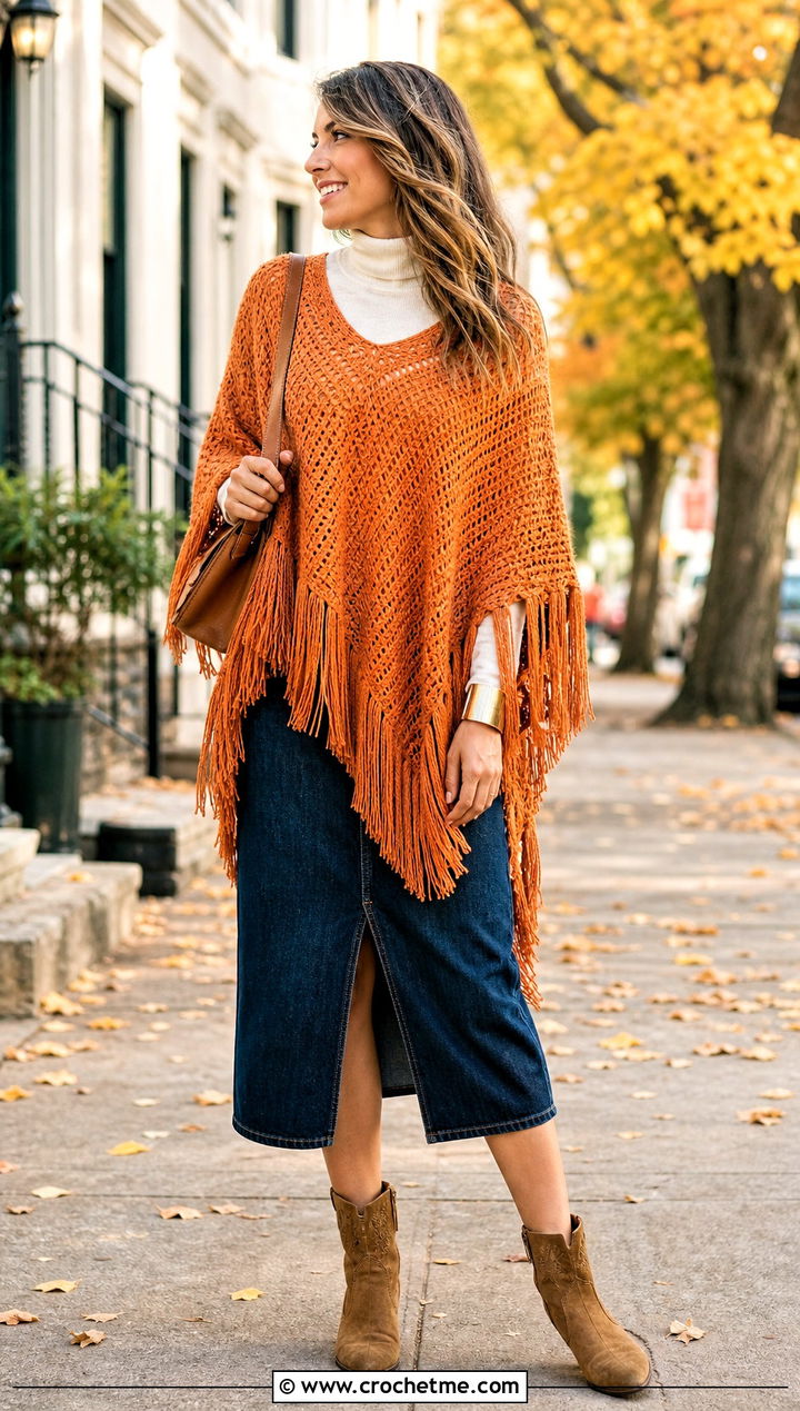 Fringed Circle Poncho With Denim Midi Skirt - 25 Crochet Circle Poncho outfit ideas