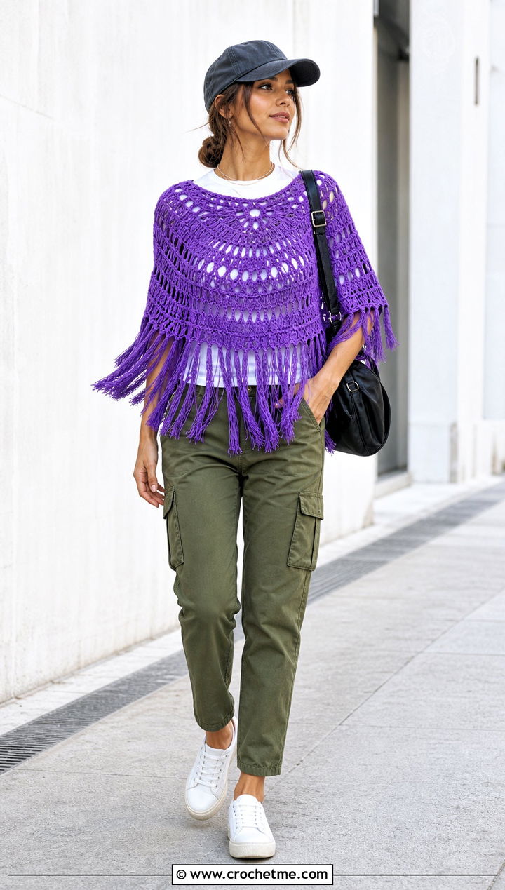 Fringed Circular Poncho With Cargo Pants - 25 Crochet Circular Poncho outfit ideas