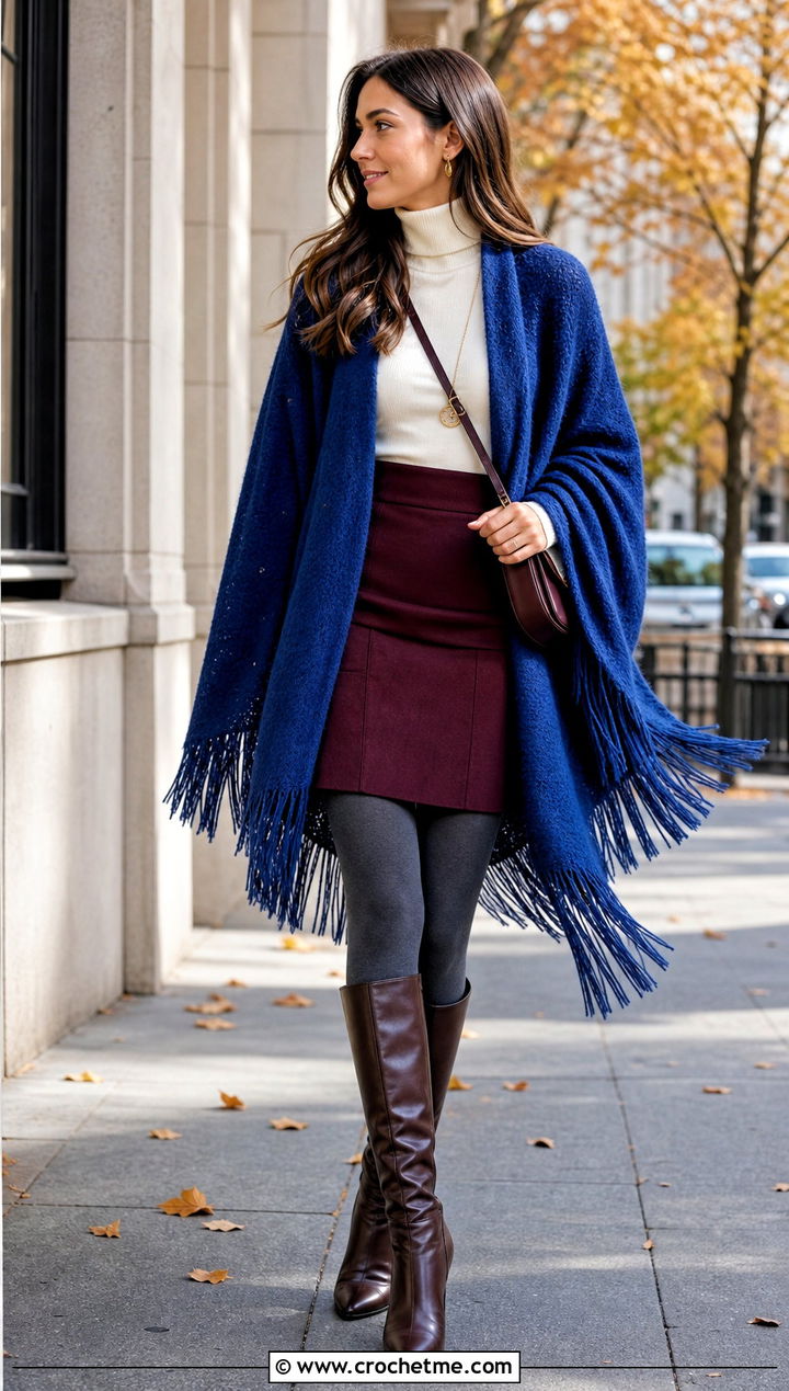 Fringed Circular Shawl With a Turtleneck And Mini Skirt - 30 crochet circular shawl outfit ideas