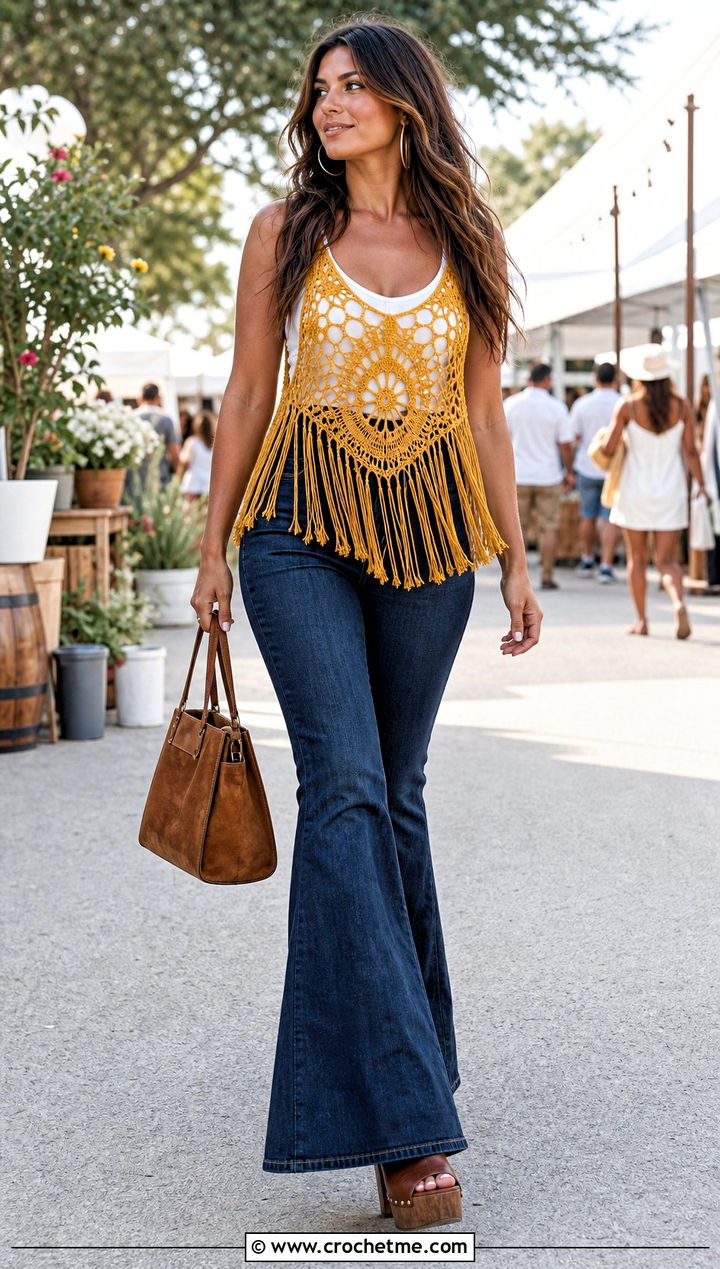 Fringed Cobweb Top With Flared Jeans - 25 Crochet Cobweb Top outfit ideas