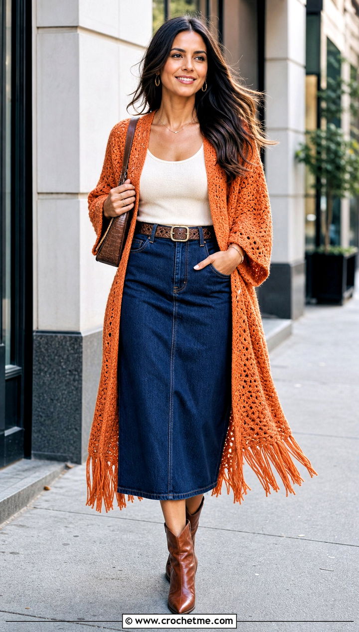 Fringed Cocoon Crochet Cardigan With Denim Skirt - 25 Cocoon Crochet Cardigan outfit ideas