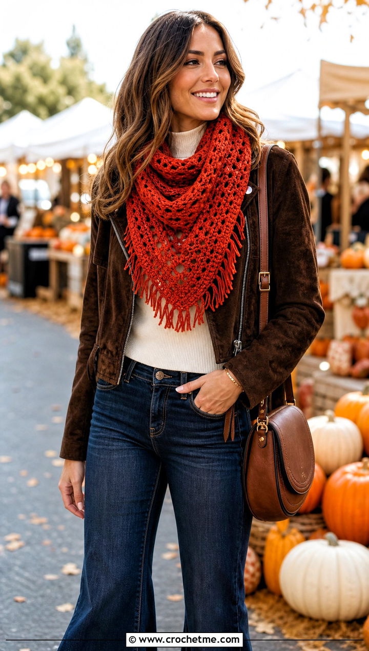 Fringed Cowl Neck Crochet Scarf With Suede Jacket - 25 Cowl Neck Crochet Scarf outfit ideas