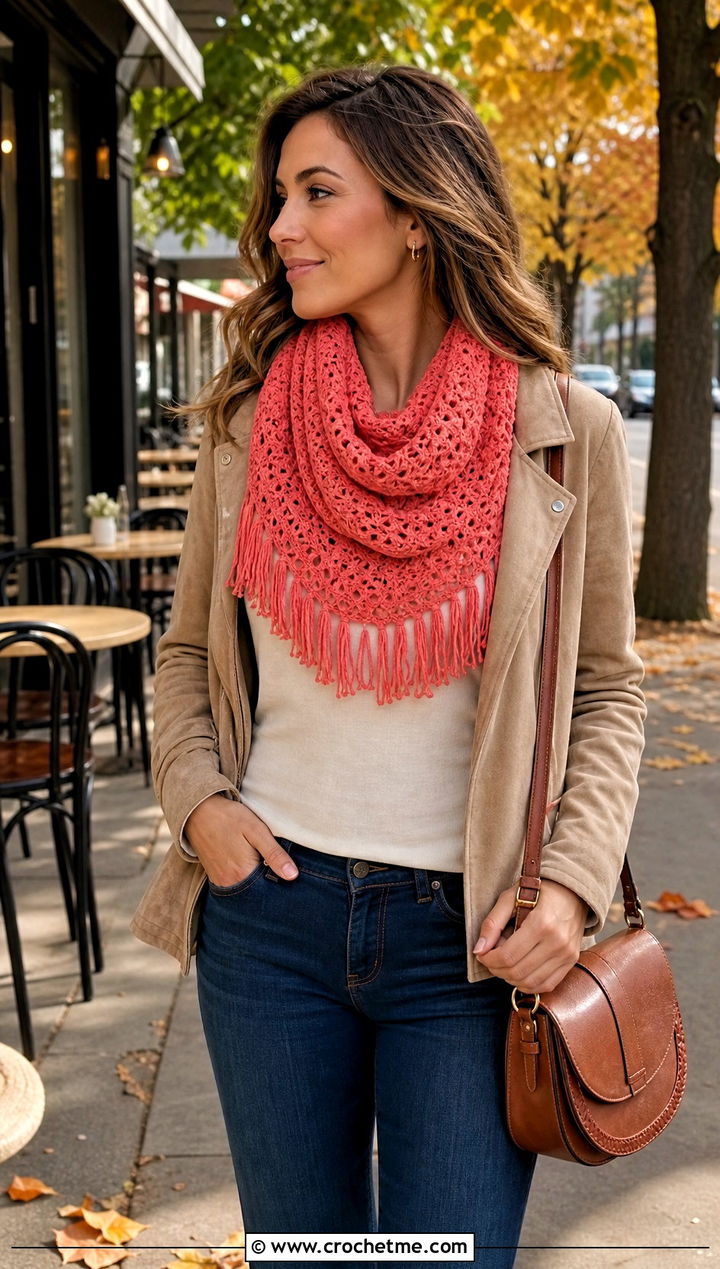 Fringed Cowl With Suede Jacket - 15 Cowls To Crochet outfit ideas