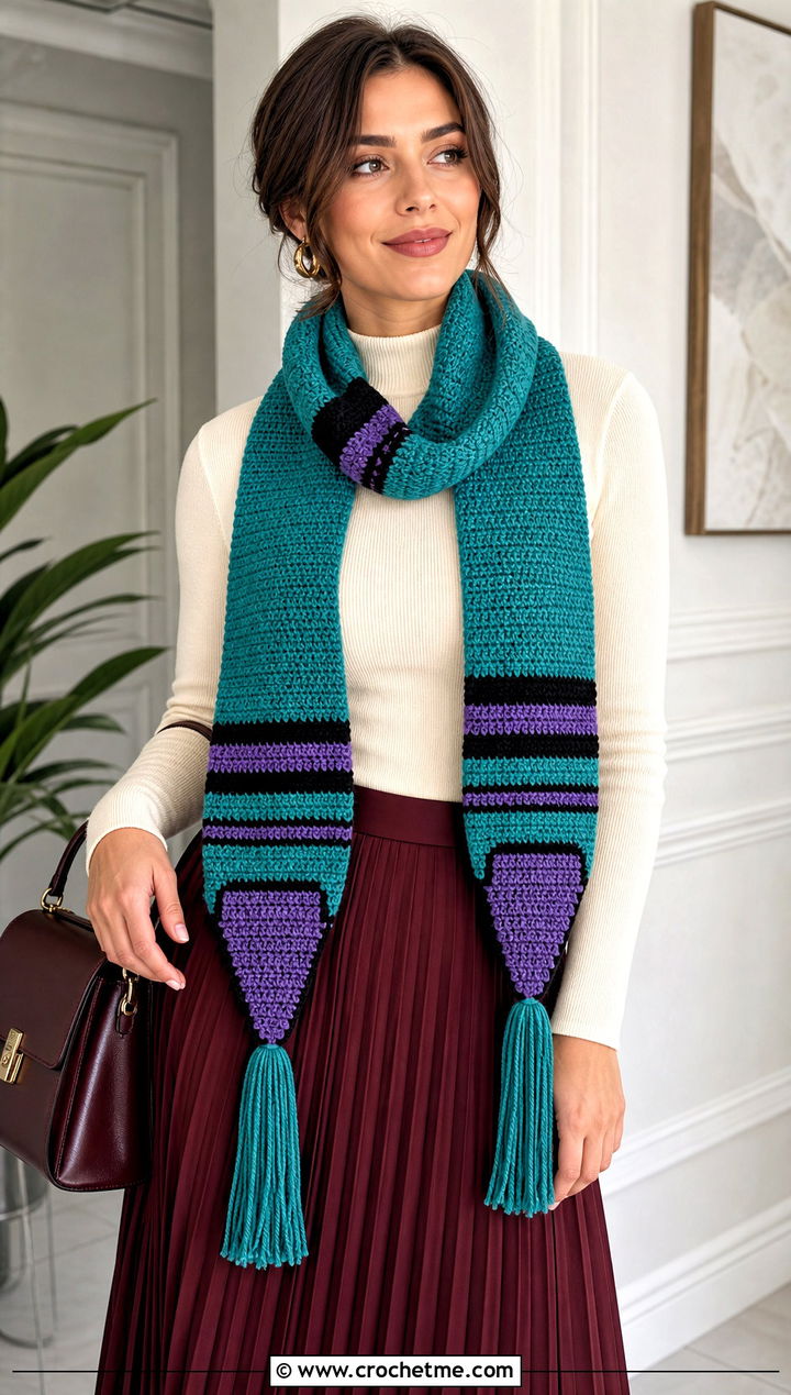 Fringed Crayon Shaped Crochet Scarf With Pleated Midi Skirt - 15 Crochet Crayon Scarf outfit ideas