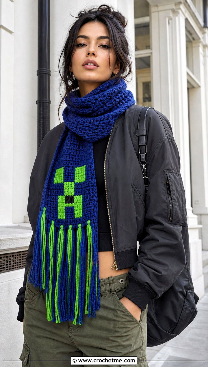 Fringed Creeper Scarf With Cargo Pants - 15 minecraft creeper crochet scarf outfit ideas