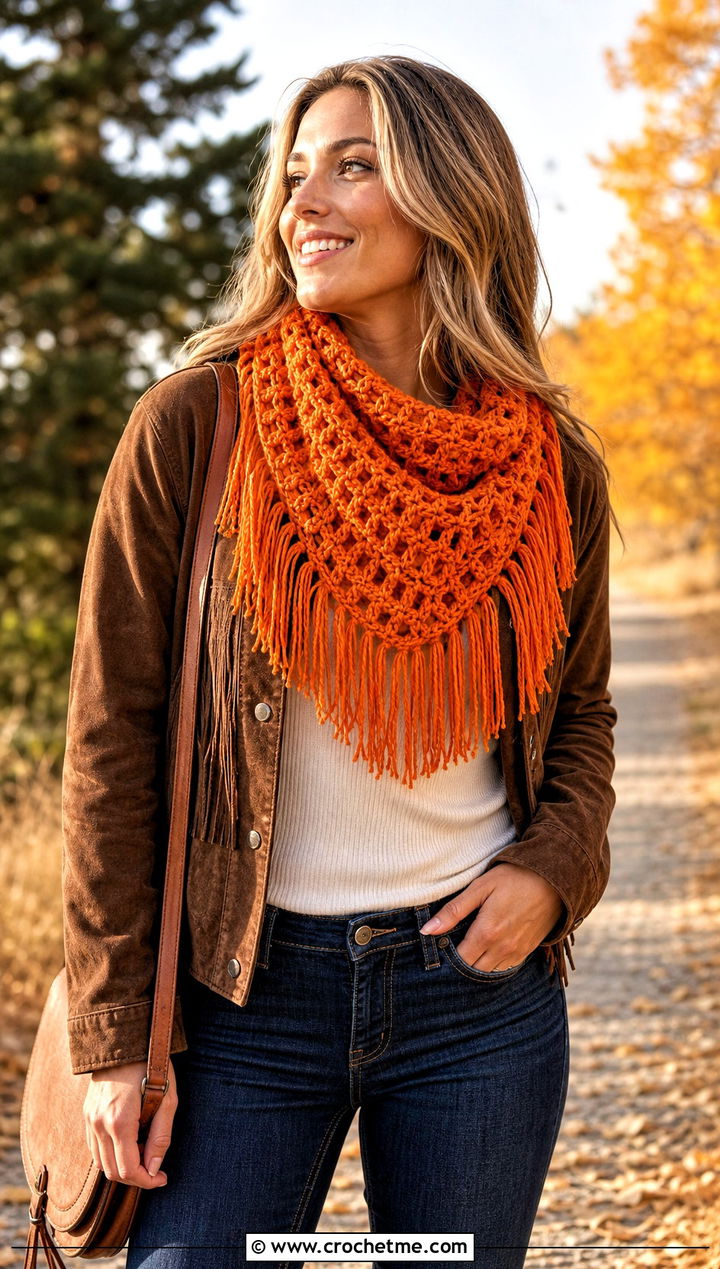 Fringed Crochet Bandana Cowl With Suede Jacket - 30 crochet bandana cowl outfit ideas