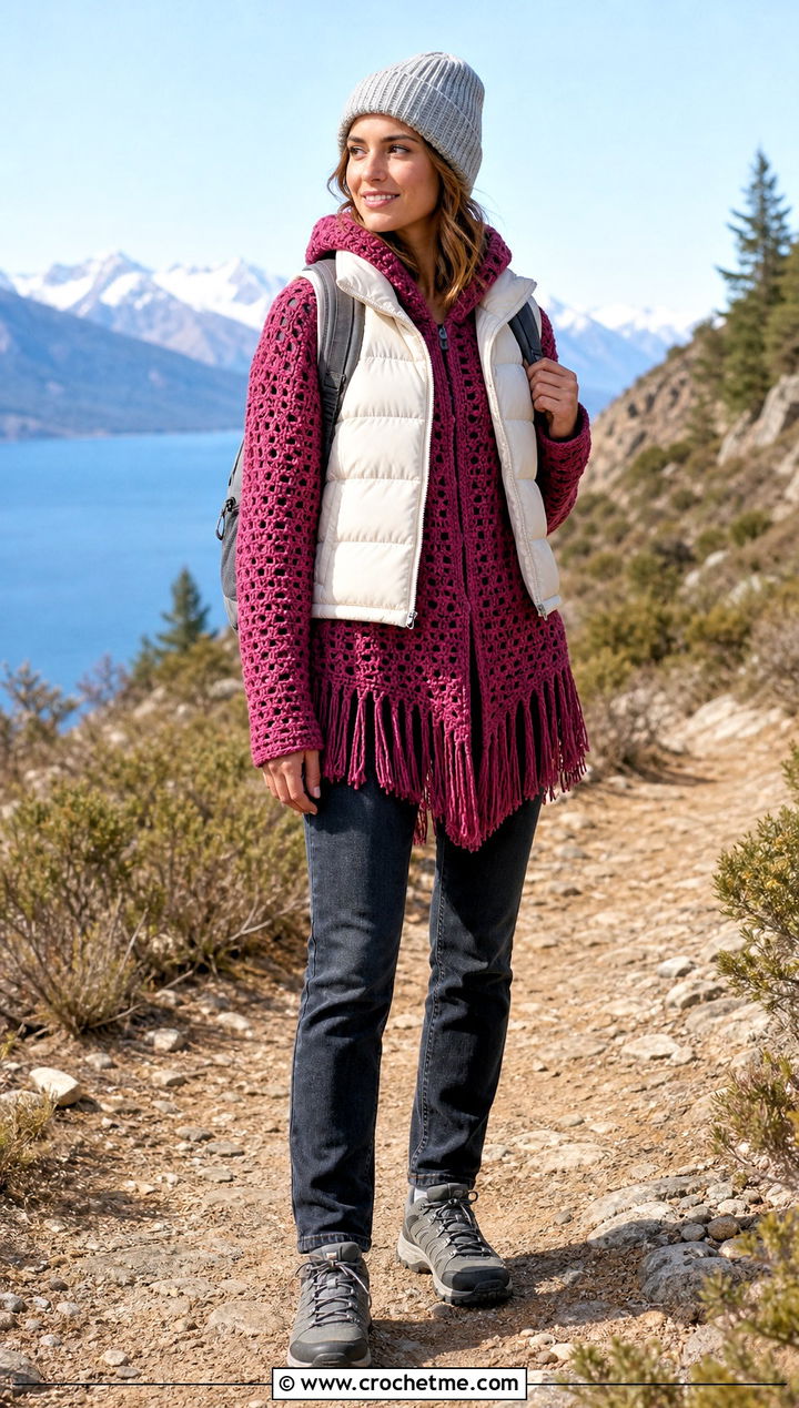Fringed Crochet Blanket Hoodie With Puffer Vest - 30 crochet blanket hoodie outfit ideas