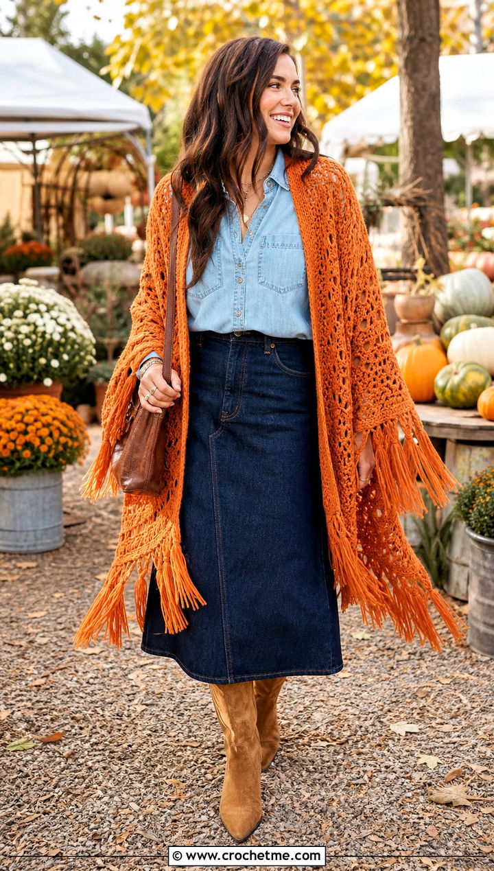 Fringed Crochet Blanket Jacket With Denim Shirt And Midi Skirt - 25 crochet blanket jacket outfit ideas