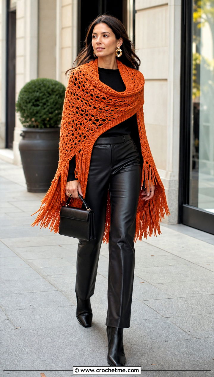 Fringed Crochet Blanket Shawl With Leather Pants - 30 crochet blanket shawl outfit ideas