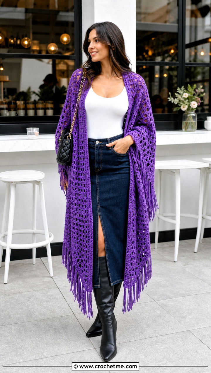 Fringed Crochet Blanket Wrap With Denim Skirt - 15 Crochet Shawl Blanket outfit ideas