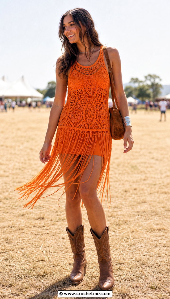 Fringed Crochet Boho Mini Dress With Cowboy Boots - 30 crochet boho dress outfit ideas
