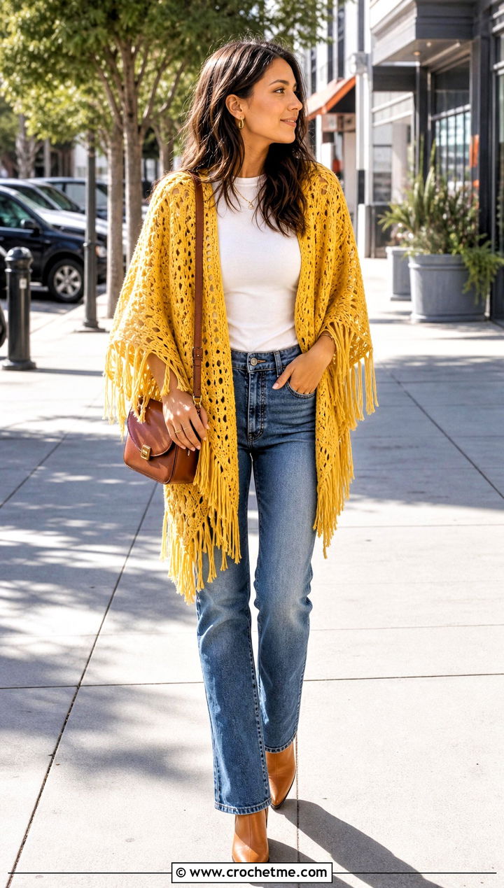 Fringed Crochet Boho Poncho With Straight Jeans - 30 crochet boho poncho outfit ideas