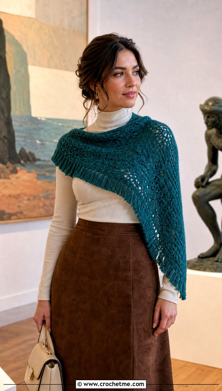 Fringed Crochet Boomerang Scarf With Suede Skirt - 15 Crochet Boomerang Scarf outfit ideas