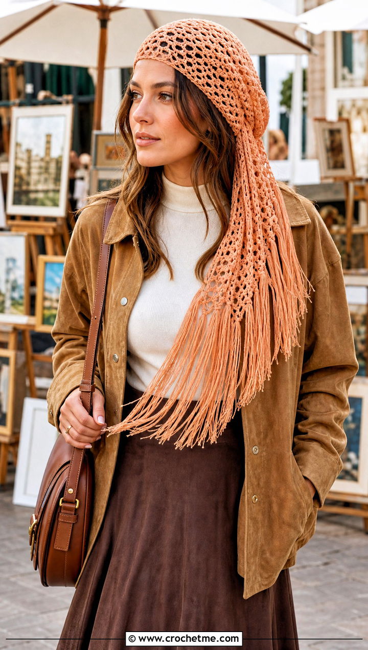 Fringed Crochet Cap Scarf With Suede Jacket - 25 Crochet Cap Scarf outfit ideas