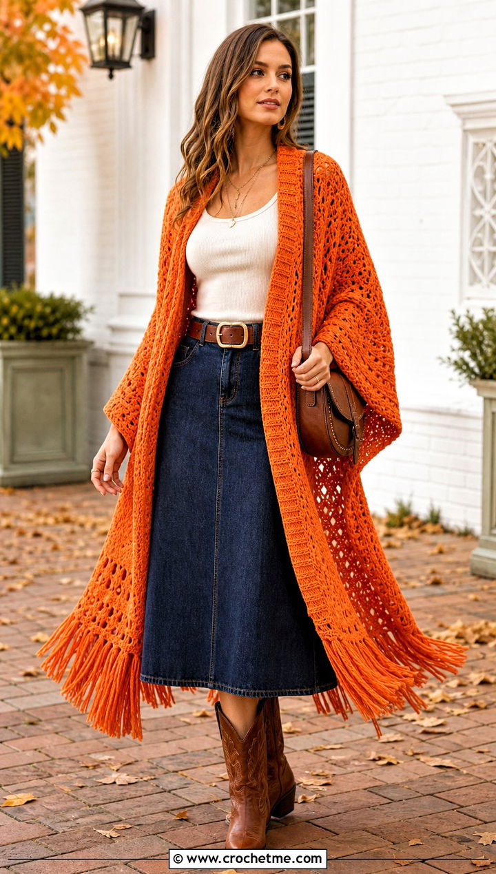 Fringed Crochet Cape Coat With Denim Skirt - 15 Crochet Cape Coat outfit ideas