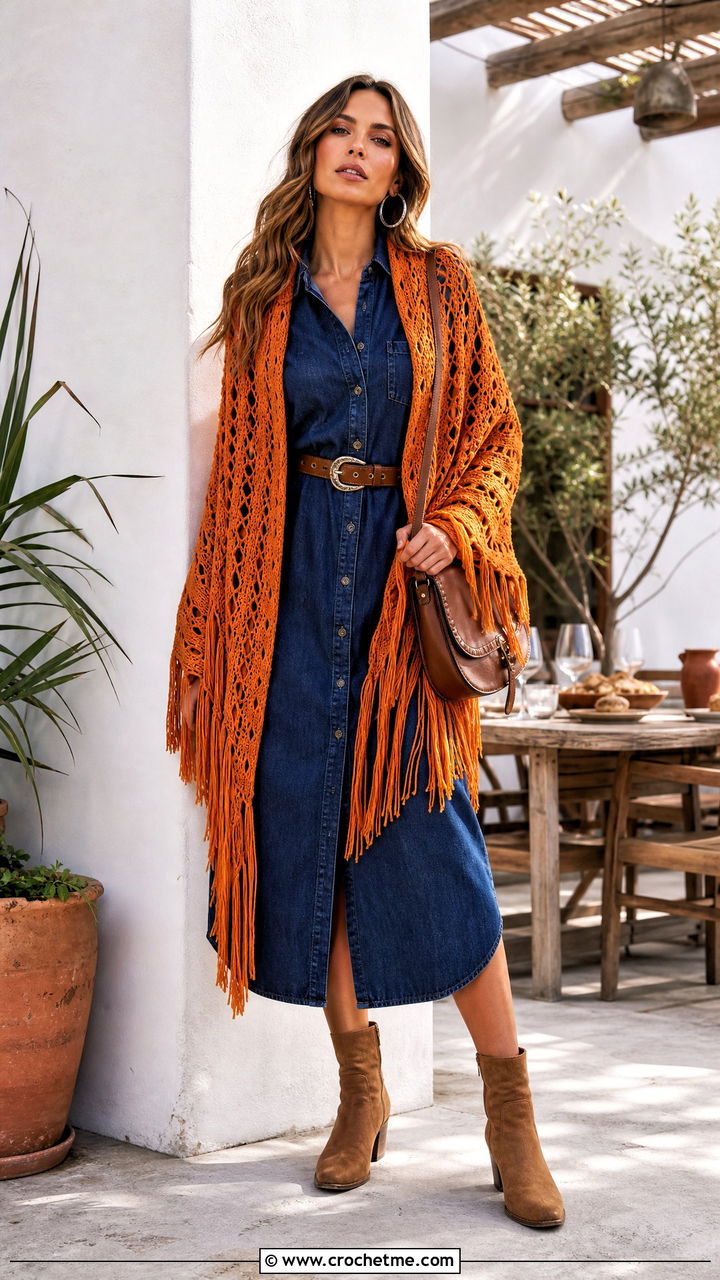 Fringed Crochet Cape With A Denim Shirt Dress - 35 crochet cape outfit ideas