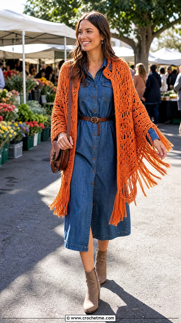 Fringed Crochet Capelet With Denim Shirt Dress - 35 crochet capelet outfit ideas