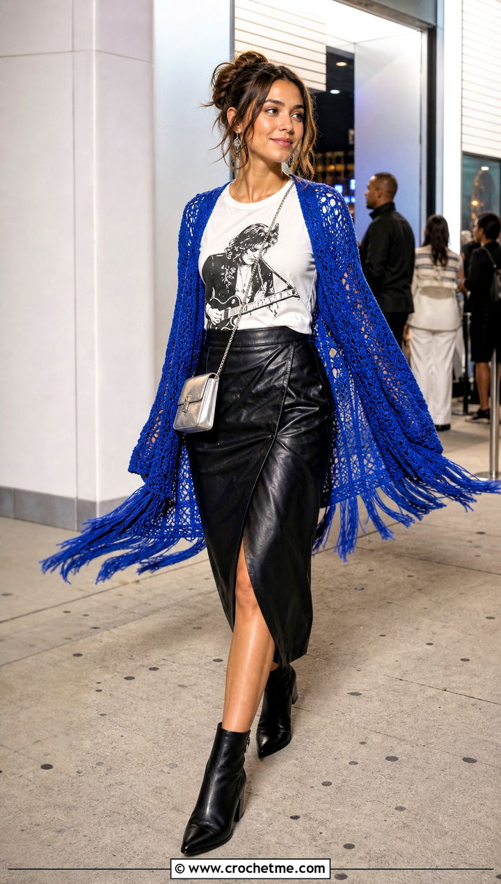 Fringed Crochet Cardigan With Leather Mini Skirt - 30 loose crochet cardigan outfit ideas