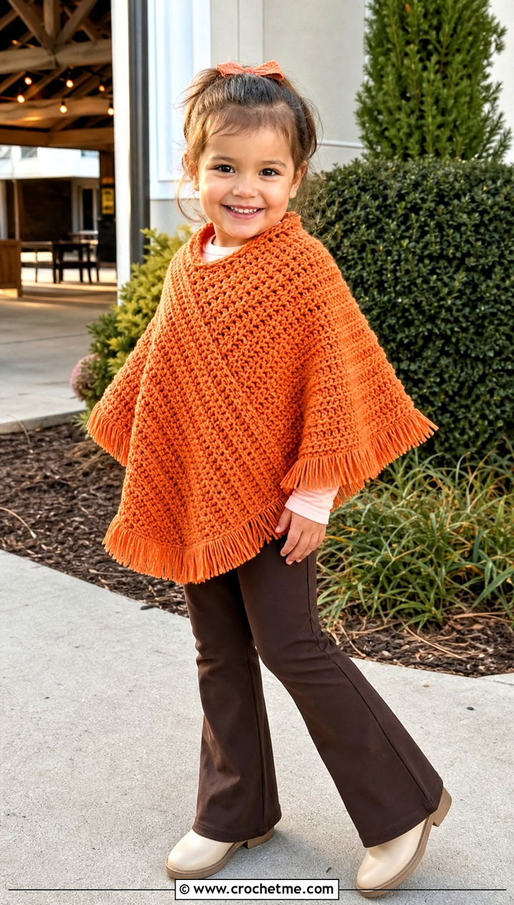 Fringed Crochet Carseat Poncho With Flared Leggings - 25 Crochet Carseat Poncho outfit ideas