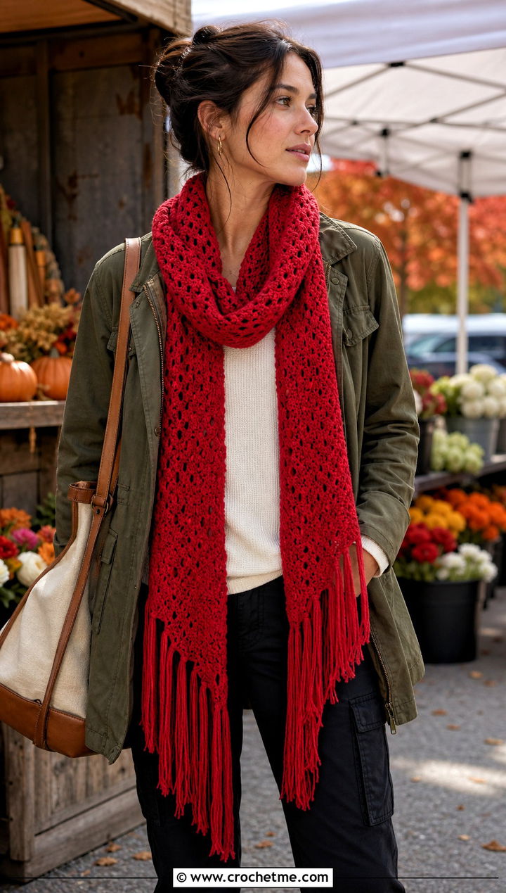 Fringed Crochet Cashmere Scarf With Utility Jacket - 25 crochet cashmere scarf outfit ideas