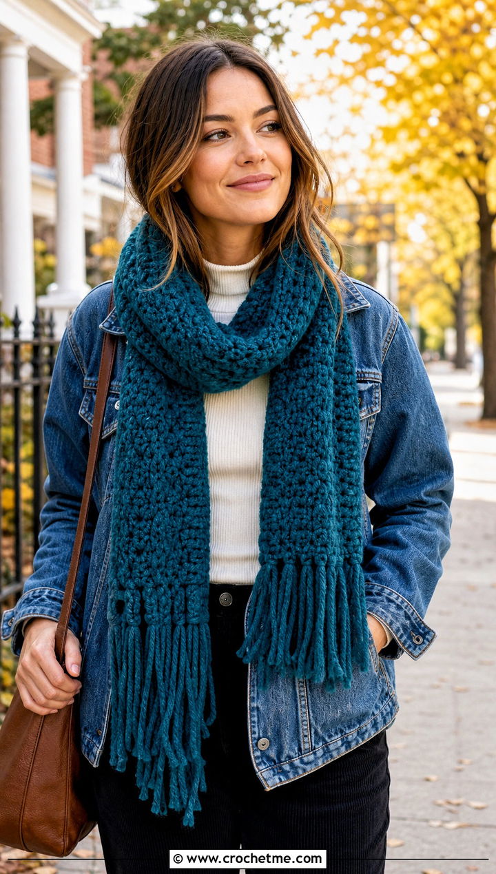 Fringed Crochet Chenille Scarf With Denim Jacket - 25 crochet chenille scarf outfit ideas