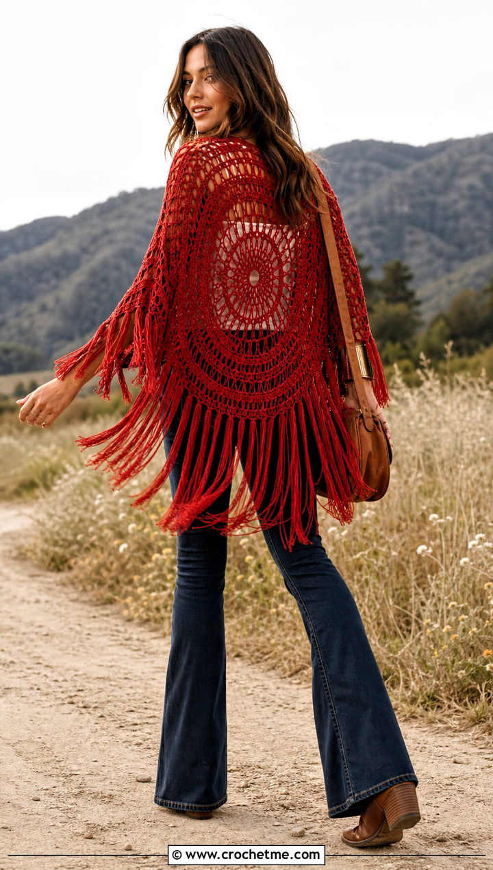 Fringed Crochet Circle Sweater With Flared Jeans - 25 crochet circle sweater outfit ideas