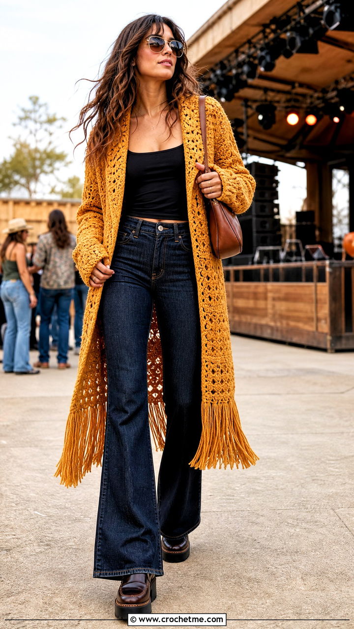 Fringed Crochet Coat With Flared Jeans - 35 crochet coats outfit ideas