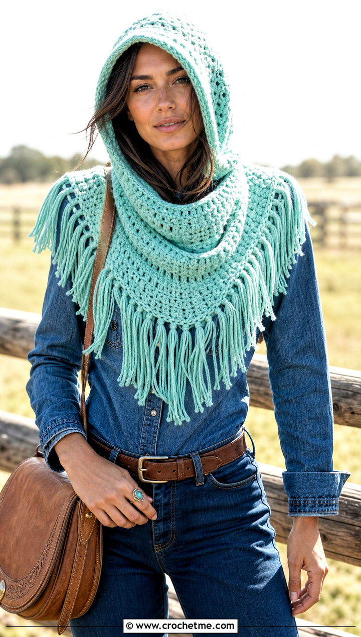 Fringed Crochet Cowl Hood With Western Denim - 25 crochet cowl hood outfit ideas