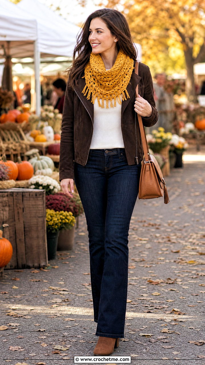 Fringed Crochet Cowl Neck Warmer With Suede Jacket Outfit - 35 crochet cowl neck warmer outfit ideas