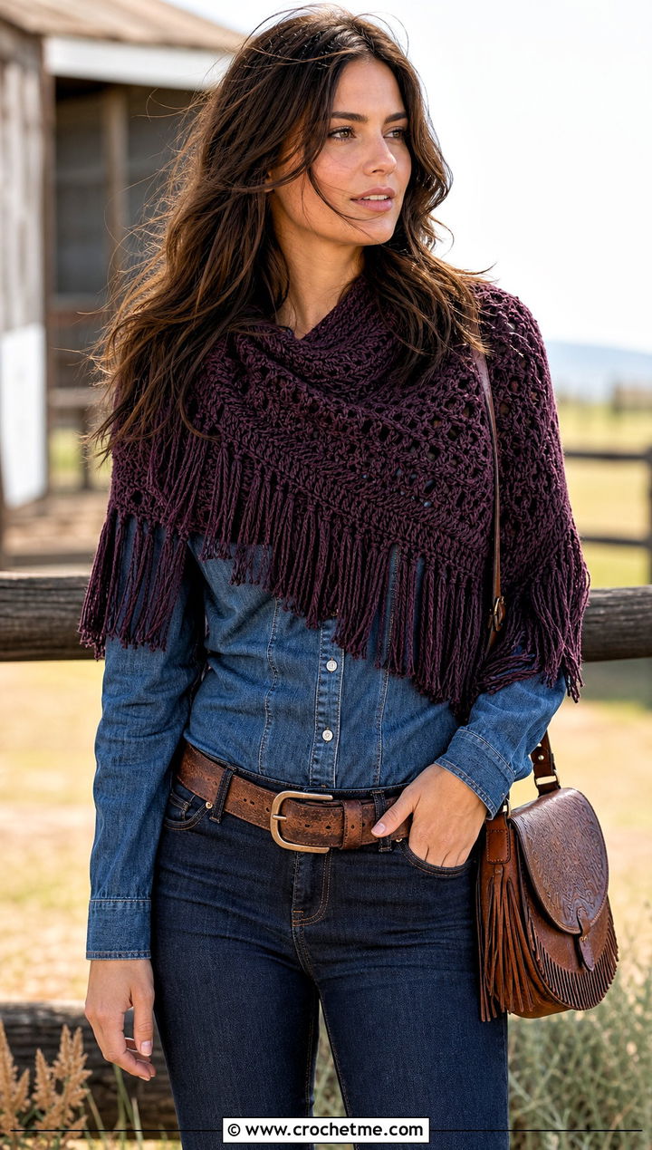 Fringed Crochet Cowl Shawl With Western Denim - 20 crochet cowl shawl outfit ideas