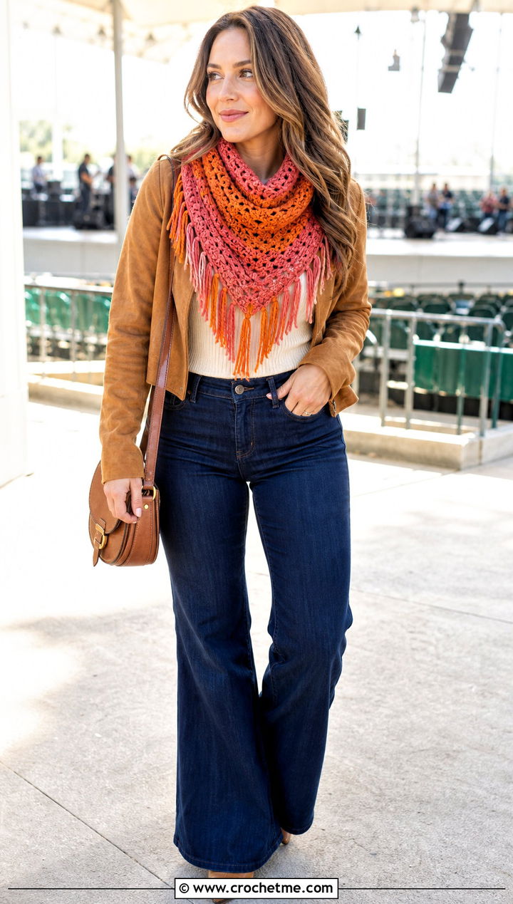 Fringed Crochet Cowl With Suede Jacket And Flared Jeans - 15 Crochet For Cowl Scarf outfit ideas
