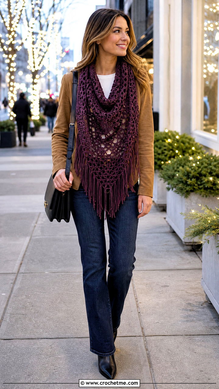 Fringed Crochet Cowl With Suede Jacket - 35 crochet cowls outfit ideas