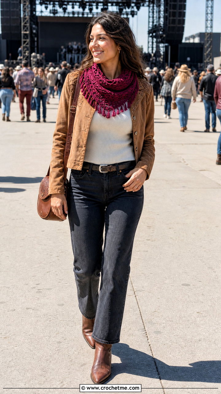 Fringed Crochet Cowl With Western Jacket - 35 crochet cowl outfit ideas