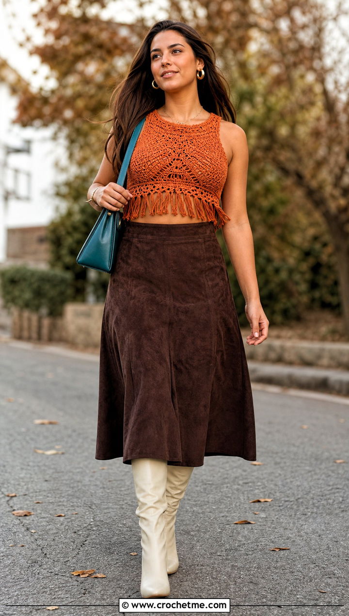 Fringed Crochet Crop Top With Suede Midi Skirt - 30 cute crochet crop top outfit ideas