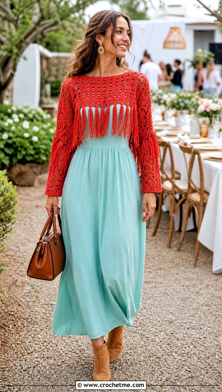 Fringed Crochet Cropped Sweater With A Maxi Dress - 20 Easy Crochet Cropped Sweater outfit ideas