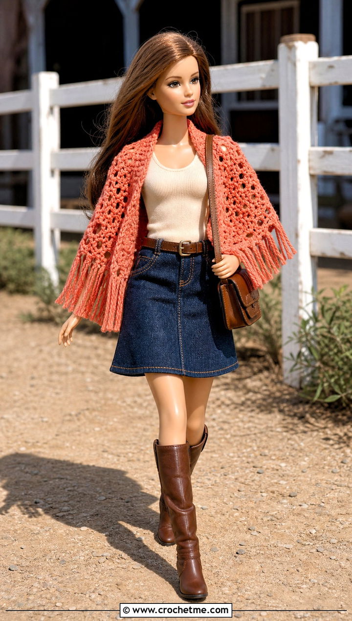 Fringed Crochet Doll Cape With Denim Skirt And Boots - 25 Crochet Doll Cape outfit ideas