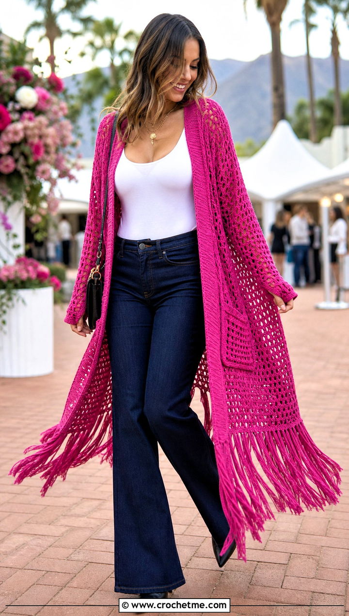 Fringed Crochet Duster Cardigan With Flared Jeans - 15 crochet long cardigan with pockets outfit ideas