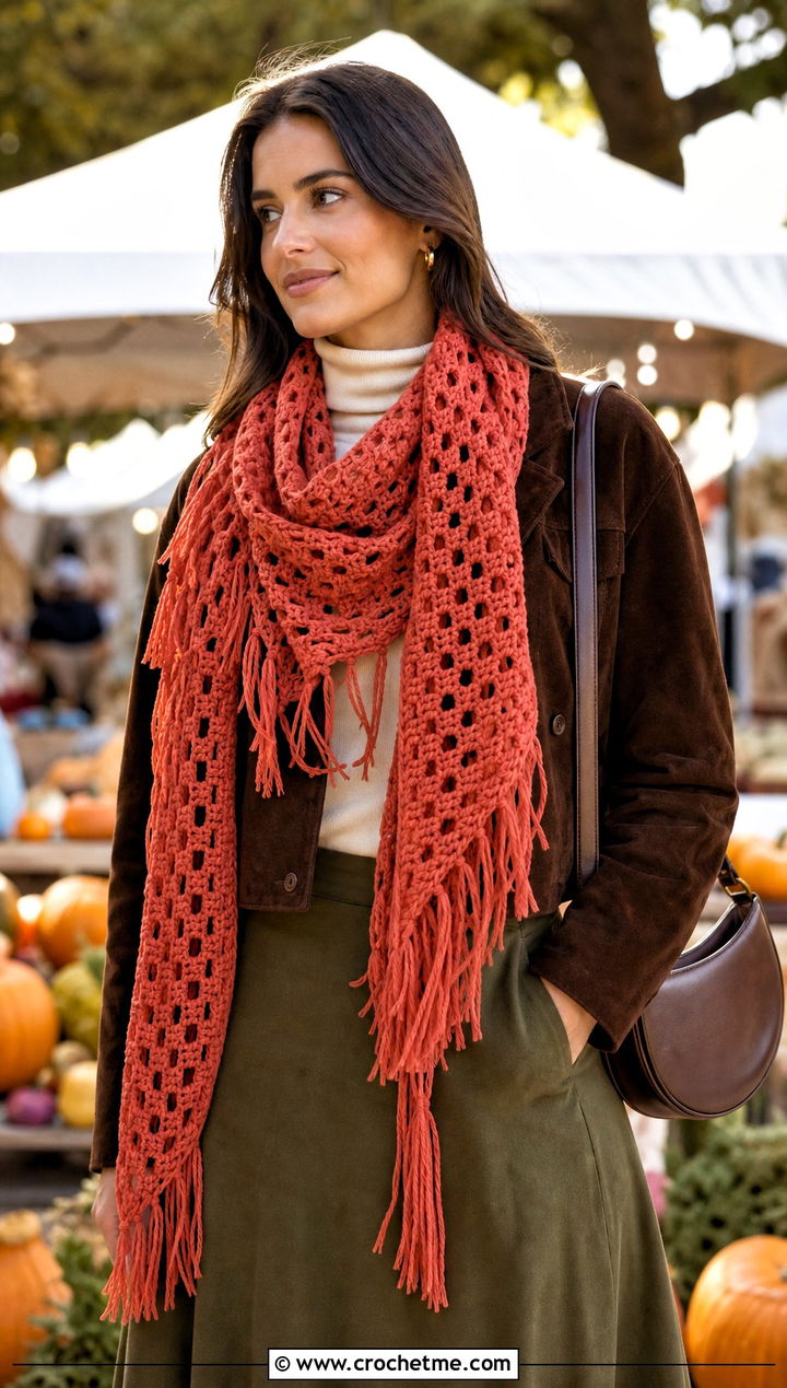 Fringed Crochet Fall Scarf With Suede Jacket - 15 Crochet Fall Scarf outfit ideas