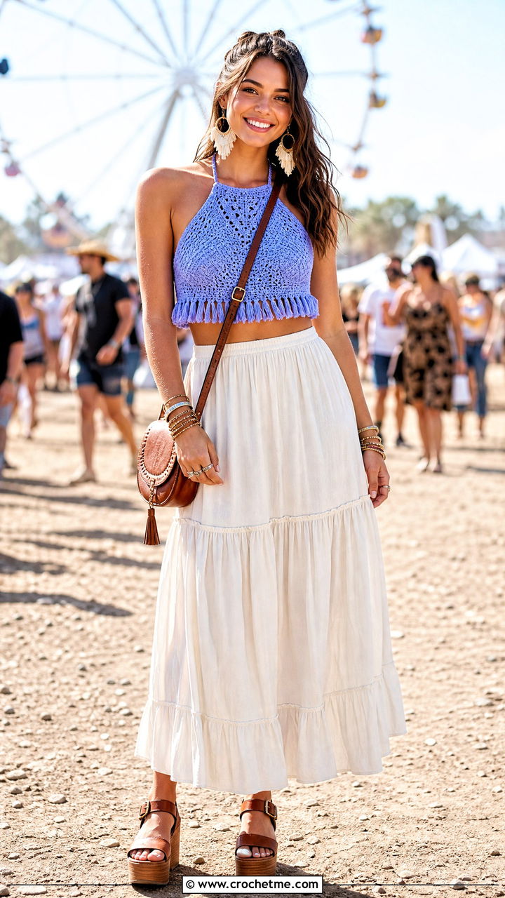Fringed Crochet Halter Top With Tiered Maxi Skirt - 35 boho crochet top outfit ideas